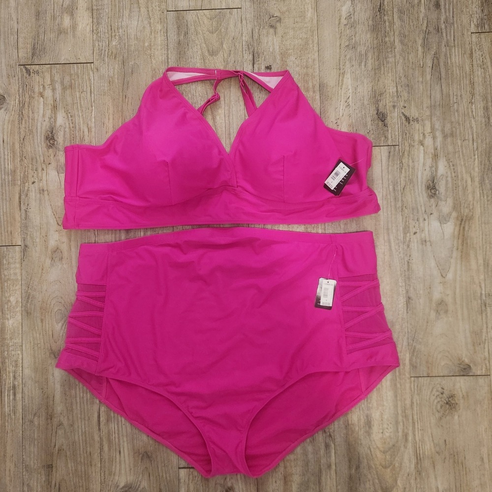 Torrid Hot Pink Bikini Set 2PC Wireless Top Lattice Mesh High Waist Bottoms 6